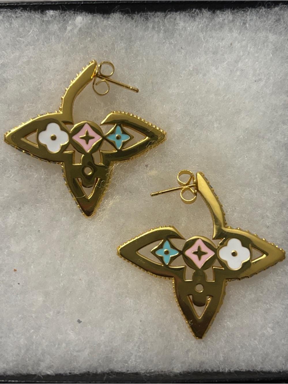 LV Gold-tone Floral Motif Earrings - Pink, Blue & White Accents